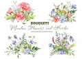 Watercolor bouquets with wildflowers, herbs, plants, meadow flowers.