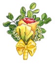 Watercolor boutonniere with yellow-red rose, waxflower, twigs o
