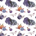 Watercolor bowler, cat, flask and pumpkins seamless pattern on white background Royalty Free Stock Photo