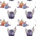 Watercolor bowler and pumpkins seamless pattern on white background