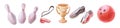 Watercolor bowling game objects collection including whistle, shoes, ball, skittles, golden cup. Bowling icon, banner, logo set Royalty Free Stock Photo