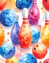 Watercolor Bowling Pins and Balls Pattern Royalty Free Stock Photo