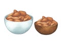 Watercolor bowls of almonds isolated on the white background