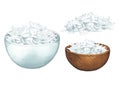 Watercolor bowls and handfuls of coconut flakes isolated on the white background