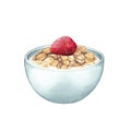 Watercolor bowls of oats in the milk decorated with strawberry.