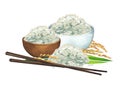 Watercolor bowls of rice decorated with cereals and wooden sticks.
