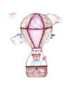 Watercolor it is boy baby shower with cute hot air balloon with bear Royalty Free Stock Photo