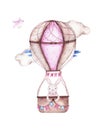 Watercolor it is boy baby shower with cute hot air balloon with bunny Royalty Free Stock Photo