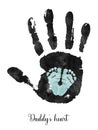 Watercolor boy footprint in father handprint. Daddy and son family illustration of blue handprints of baby footprint in parents