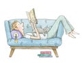 Watercolor boy lies on the sofa and reads a book