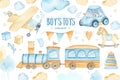 Watercolor boys toys baby shower set with car airplane train garland and trees clouds Royalty Free Stock Photo