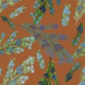 Watercolor branch of rosemary on orange background. Seamless pattern. Herbs, spices, cooking, kitchen print.