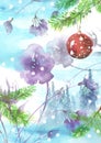 Watercolor branch of spruce, pine with New Year`s toy ball.Symbol of the new year.Christmas Tree.Misty forest, haze.wood on a snow Royalty Free Stock Photo