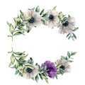 Watercolor branch with violet, white anemone and leaves. Hand painted white,violet flowers and eucalyptus leaves