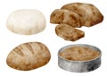 Watercolor bread illustration set. Hand drawn loaf of wheat bread, sliced rye bread, dough and pie pan isolated on white