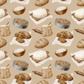 Watercolor bread seamless pattern. Hand drawn baking products illustration. Loaf of wheat bread, dough, pie pan on brown