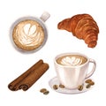 Watercolor breakfast, coffee cup latte, croissant and cinnamon sticks. Hand-drawn illustration isolated on white Royalty Free Stock Photo