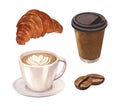 Watercolor breakfast, coffee latte, croissant, beans and disposable craft paper cup. Hand-drawn illustration isolated on Royalty Free Stock Photo