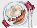 Watercolor breakfast sausage and pierogi on a background of a napkin.