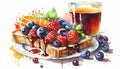 Watercolor breakfast set with toast, berries and juice. Hand drawn illustration