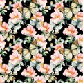 Watercolor briar flowers and butterfly seamless pattern. Dog Rose branches in vintage style