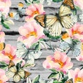 Watercolor briar flowers and butterfly seamless pattern. Dog Rose branches in vintage style