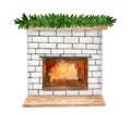 Watercolor brick burning fireplace decorated with fir garland. Hand painted white stone Christmas fire place isolated on Royalty Free Stock Photo