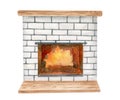 Watercolor brick burning fireplace illustration. Hand painted white stone fire place with wood mantel shelf isolated on Royalty Free Stock Photo