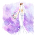 Watercolor, Bride in beutiful wedding dress with bouquet Royalty Free Stock Photo
