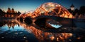 The watercolor bridge in the city with a reflection of lights in the river, creating a water mirro