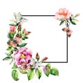 Watercolor brier flowers and butterfly card with black square frame Royalty Free Stock Photo