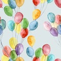 Watercolor bright air ballons pattern. Hand painted illustration with colorful air balloons isolated on blue background Royalty Free Stock Photo