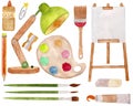 Watercolor bright collection, palette, brushes, pencil, sharpener, eraser, lamp, easel isolated on white background.