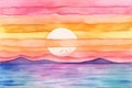Watercolor bright colorful minimalist sunset on water landscape illustration