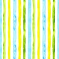 Bright cute watercolor seamless pattern with blue, yellow and green vertical strips and lines on white background. Striped