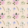 Delicate watercolor floral seamless pattern in retro style. Beautiful spring flowers in pastel color palette on bright pink Royalty Free Stock Photo