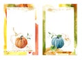 Watercolor bright frames with golden pumpkins. Hand painted fall gourds with leaves and branches isolated on white Royalty Free Stock Photo