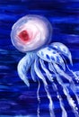 Watercolor bright landscape of sea life. Cute white jelly fish with transparent body and long figured tentacles against dark blue Royalty Free Stock Photo