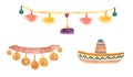 Watercolor bright mexican party decor clipart, sombrero hat illustration set