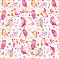 Watercolor Bright Pink Little Birds and Leaves Seamless Repeat Pattern