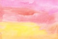 Watercolor bright pink, yellow, coral color background. Colorful soft light backdrop, stains on paper Royalty Free Stock Photo