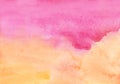 Watercolor bright pink, yellow, peach color background. Colorful soft light backdrop, stains on paper Royalty Free Stock Photo