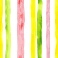 Bright cute watercolor seamless pattern with pink, yellow and green vertical strips and lines on white background. Striped Royalty Free Stock Photo