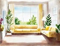 Watercolor of Bright Scandinavian living room on a sunny