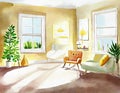 Watercolor of Bright Scandinavian living room on a sunny