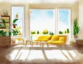 Watercolor of Bright Scandinavian living room on a sunny