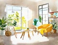 Watercolor of Bright Scandinavian living room on a sunny