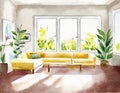 Watercolor of Bright Scandinavian living room on a sunny