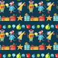 Watercolor Christmas seamless pattern with mice and presents on a dark backdrop