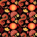 Watercolor bright seamless pattern with golden coins, lanterns hand fan and red chinese dragon on dark background. Royalty Free Stock Photo